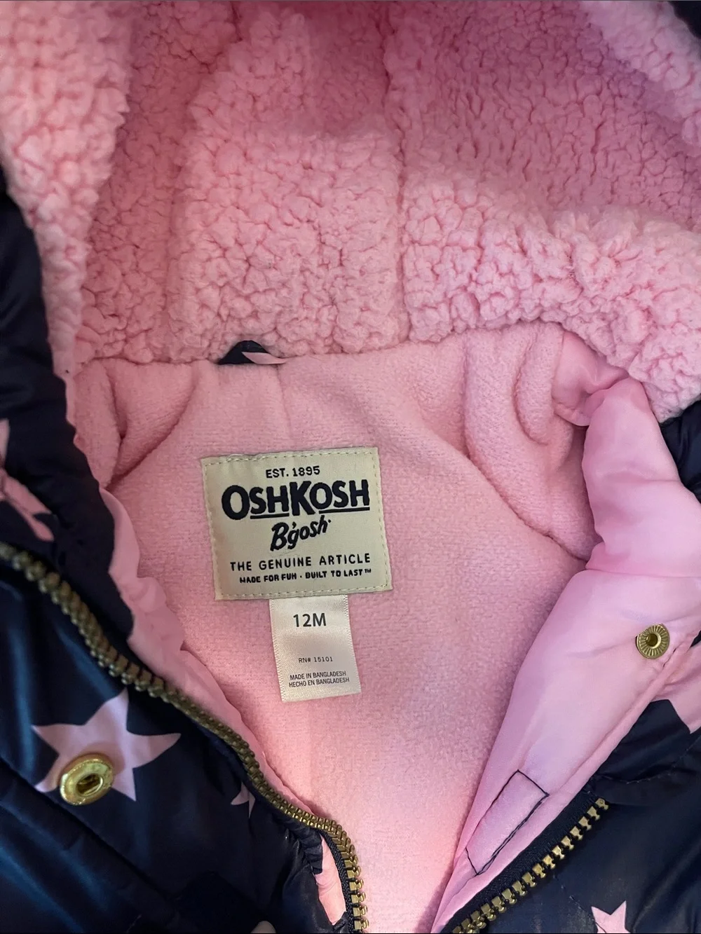 Girls Navy Puffer Jacket with Pink Star Print and Lining